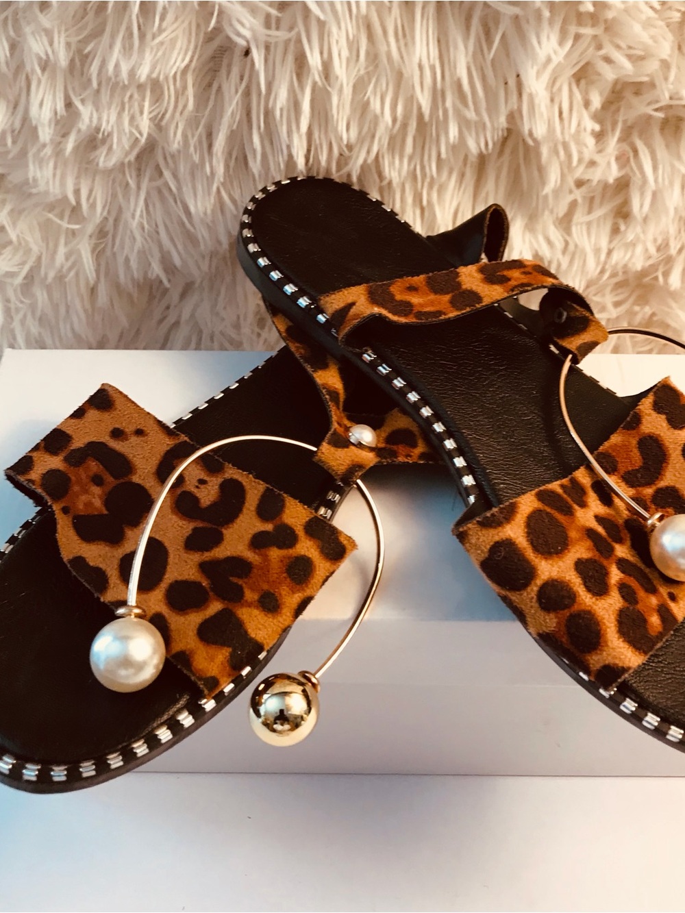 VENUS Leopard Slide Sandals with Pearl and Gold Orb Accents - Brown/Black